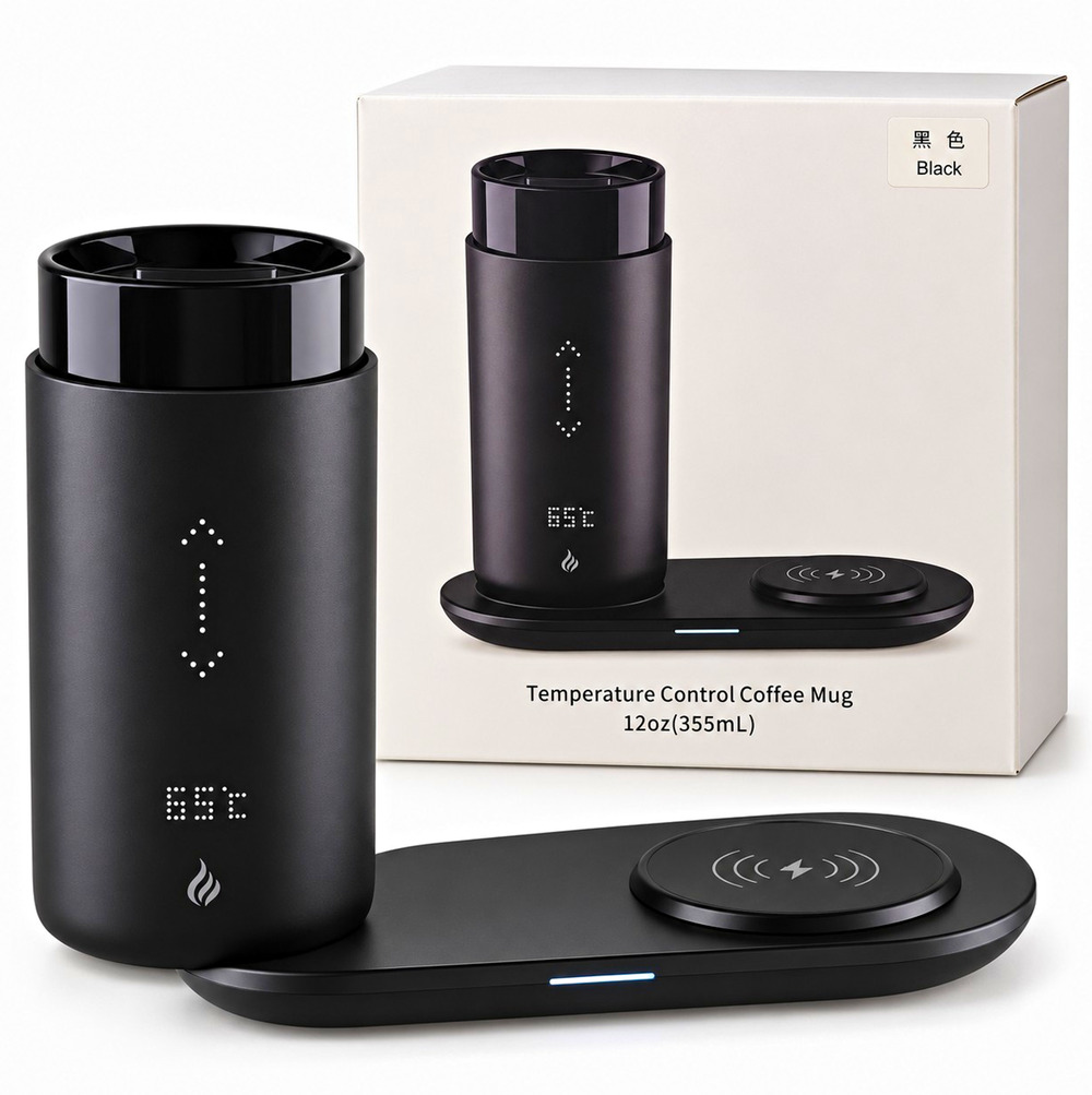 12oz Black Temperature Display Coffee Mug w/ Twist Lid & Wireless Charging Base